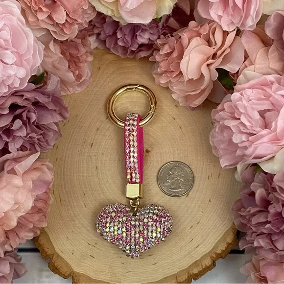 Chic Multicolor Pink Crystal & Leather Heart Keychain - Picture 10 of 11